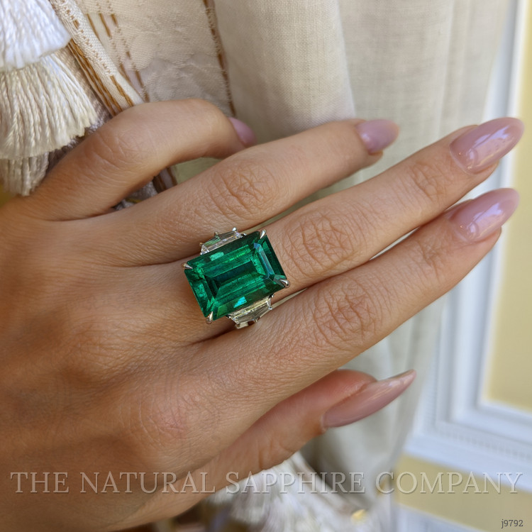 13.33 Ct. Emerald Natural Diamond Three Stone Ring, Platinum 950