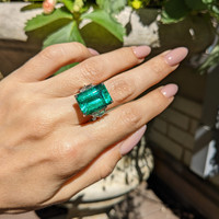 13.33 Ct. Emerald Natural Diamond Three Stone Ring, Platinum 950 Life Style