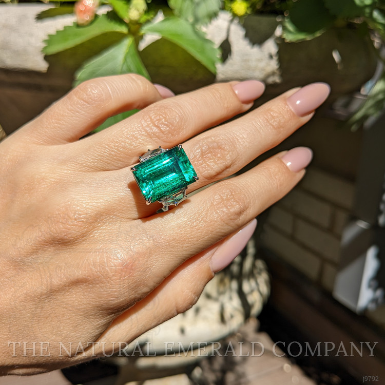 13.33 Ct. Emerald Natural Diamond Three Stone Ring, Platinum 950