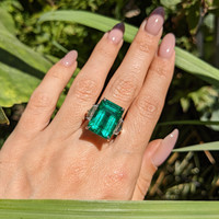 13.33 Ct. Emerald Natural Diamond Three Stone Ring, Platinum 950 Life Style