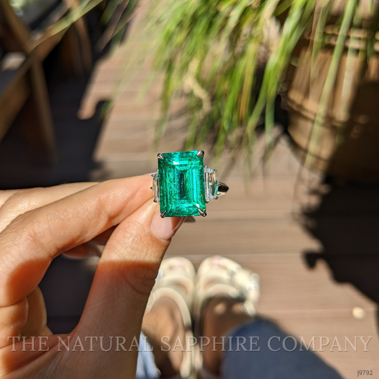 13.33 Ct. Emerald Natural Diamond Three Stone Ring, Platinum 950