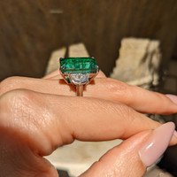 13.33 Ct. Emerald Natural Diamond Three Stone Ring, Platinum 950 Life Style