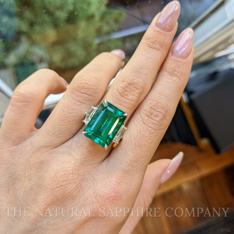 13.33 Ct. Emerald Natural Diamond Three Stone Ring, Platinum 950