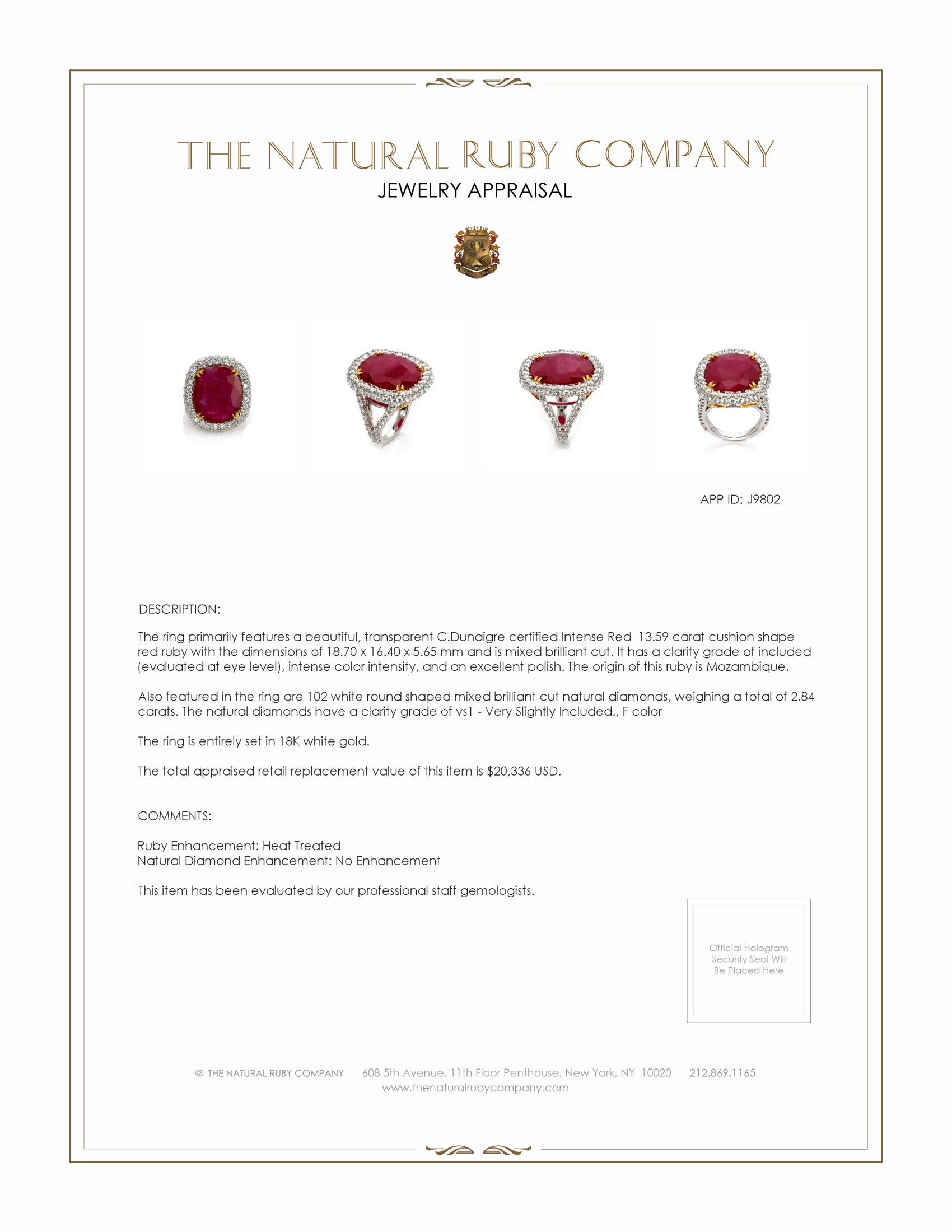 13.59 Ct. Ruby and Natural Diamond Pave Ring, 18K White Gold