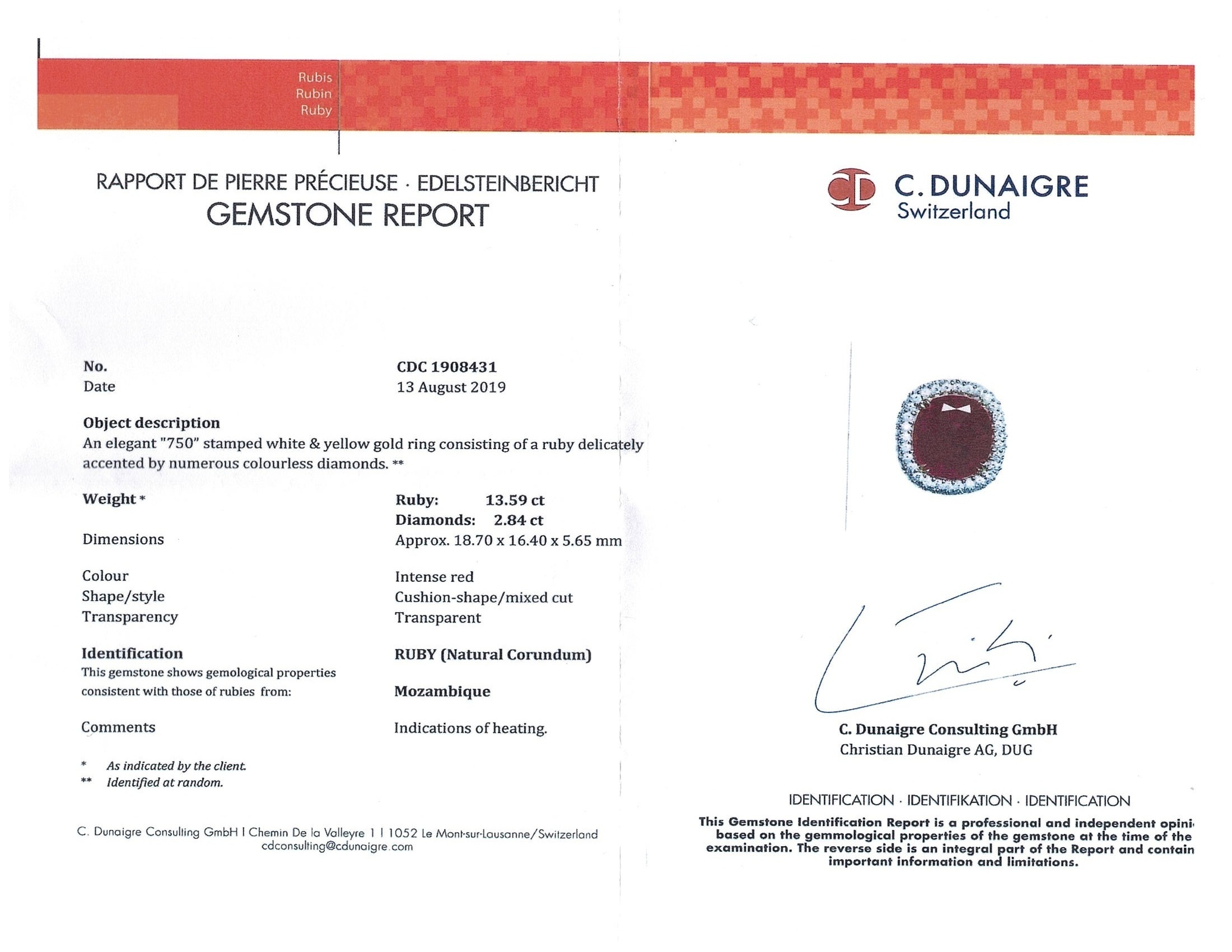 13.59 Ct. Ruby and Natural Diamond Pave Ring, 18K White Gold