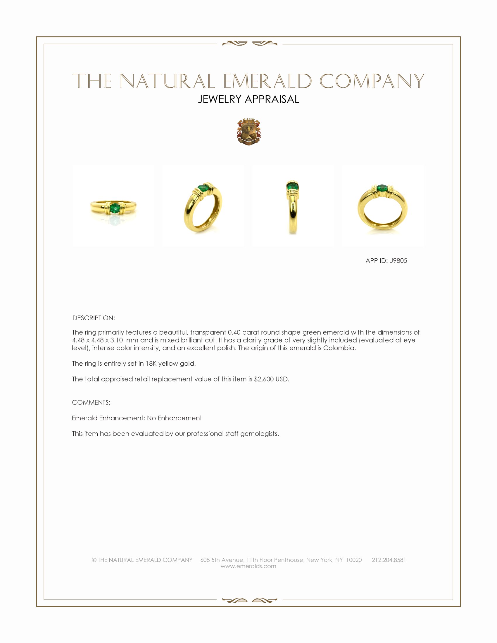 0.40 Ct. Emerald Bezel Ring, 18K Yellow Gold