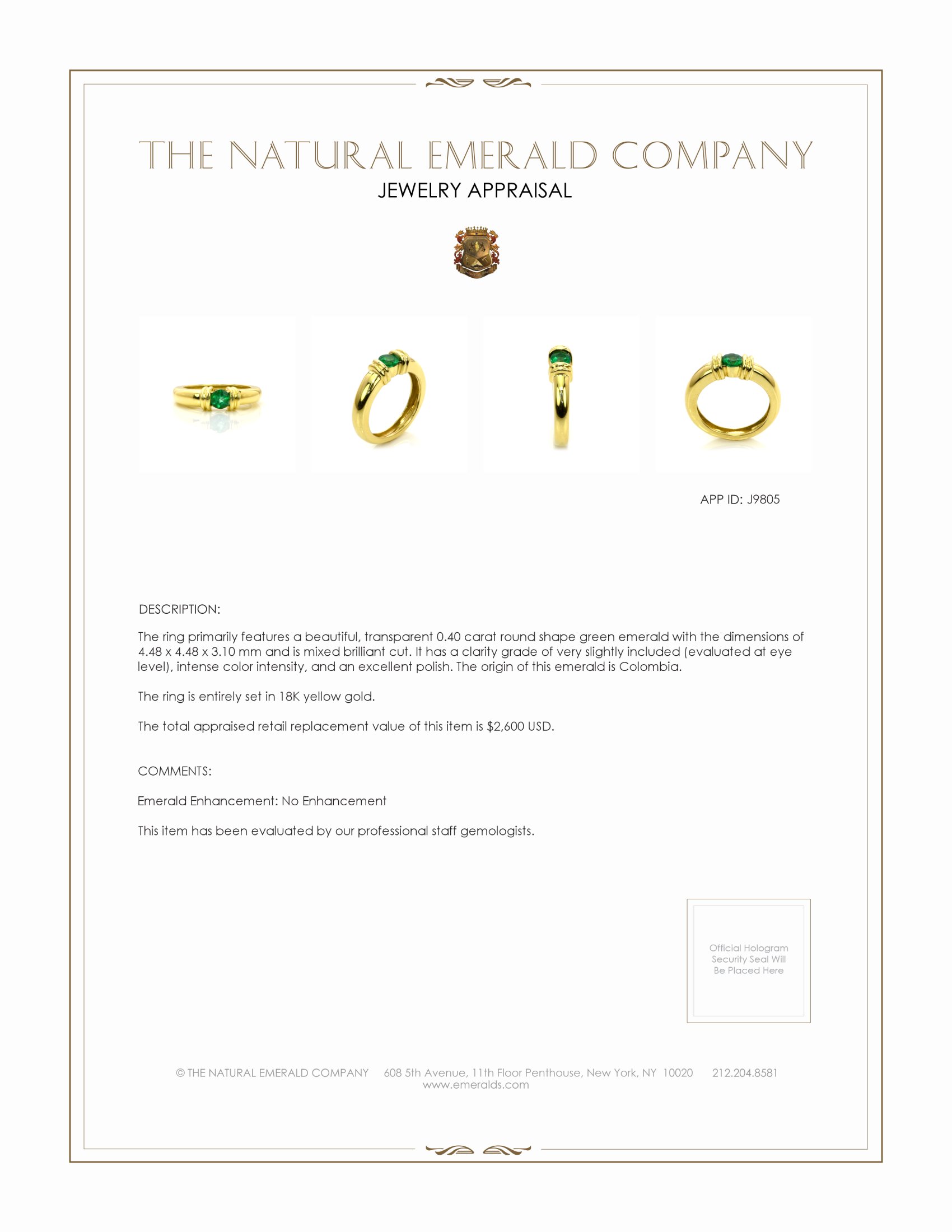 0.40 Ct. Emerald Bezel Ring, 18K Yellow Gold