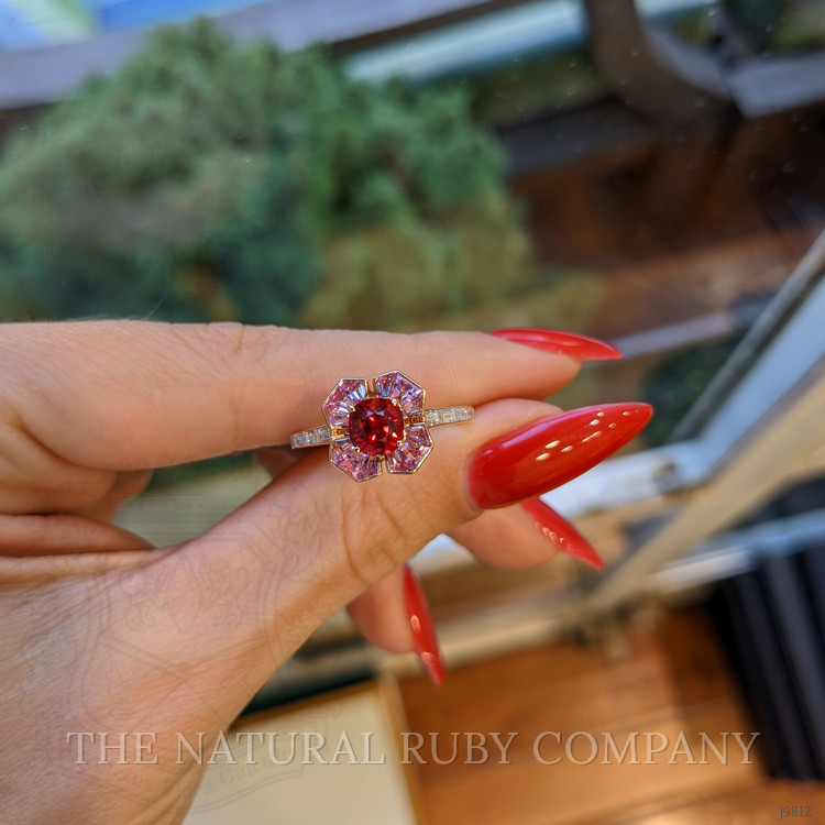 1.12 Ct. Ruby, Pink Sapphire and Natural Diamond Pave Ring, 18K Rose Gold