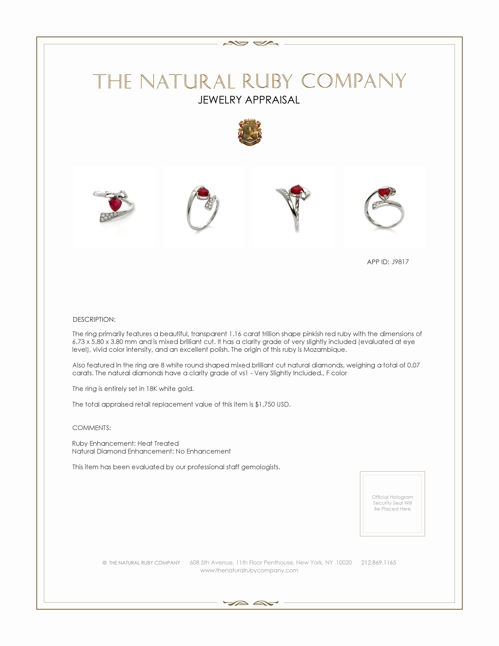 1.16 Ct. Pinkish Red Ruby and Natural Diamond Pave Ring, 18K White Gold