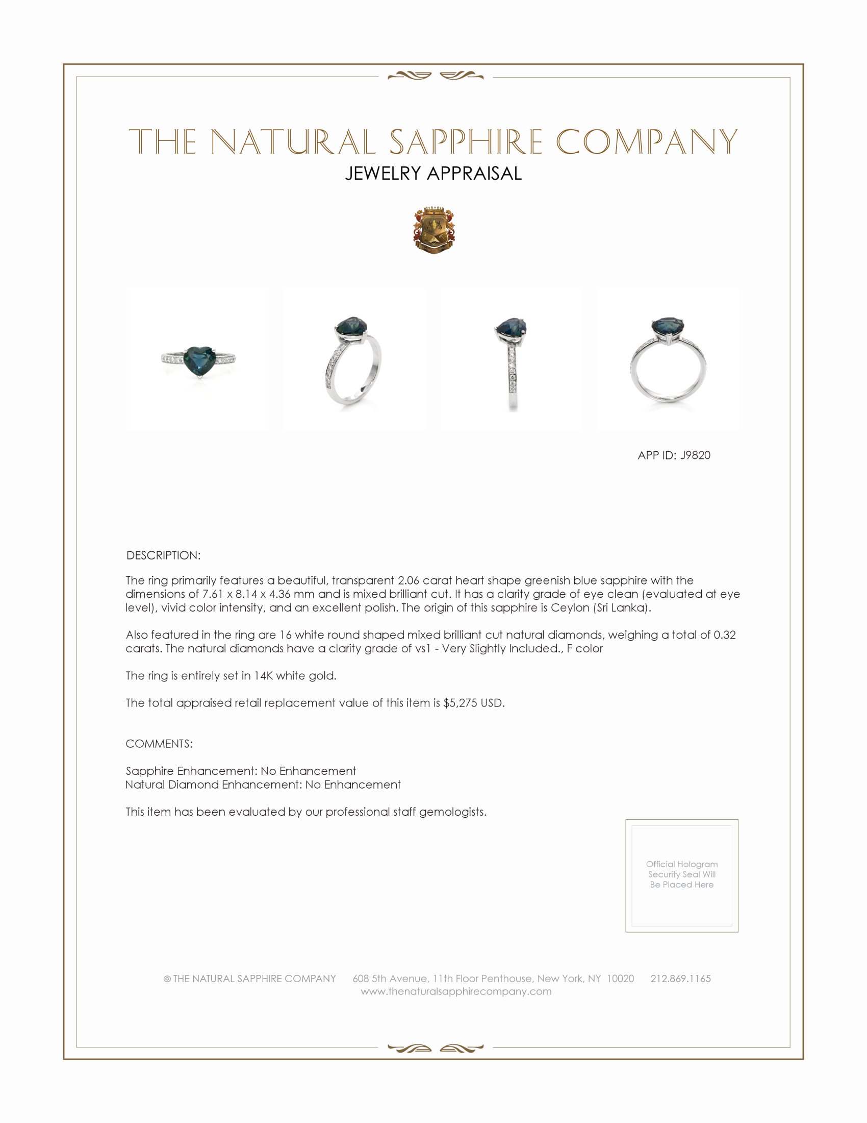 2.06 Ct. Greenish Blue Sapphire and Natural Diamond Pave Ring, 14K White Gold