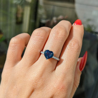 2.06 Ct. Greenish Blue Sapphire and Natural Diamond Pave Ring, 14K White Gold Life Style