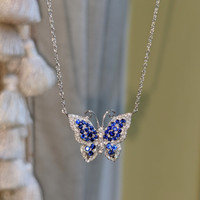 0.13 Ct. Blue Sapphire and Natural Diamond Pave Necklace, 14K White Gold Life Style