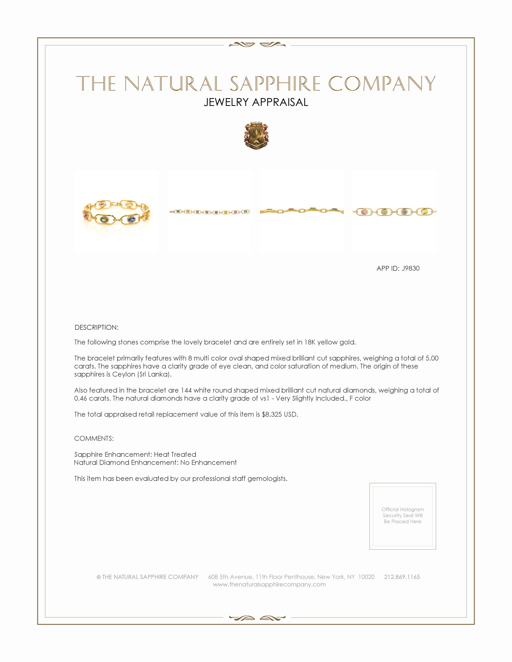 5.00 Ct.Tw. Multi Color Sapphire and Natural Diamond Pave Bracelet, 18K Yellow Gold