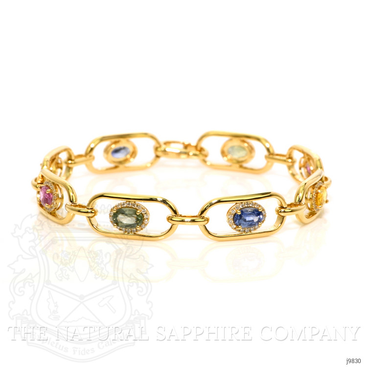 5.00 Ct.Tw. Multi Color Sapphire and Natural Diamond Pave Bracelet, 18K Yellow Gold