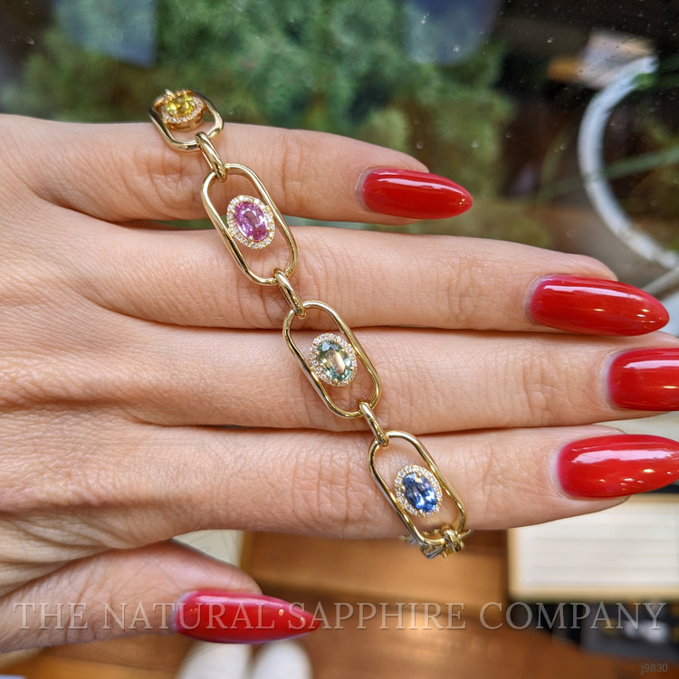 5.00 Ct.Tw. Multi Color Sapphire and Natural Diamond Pave Bracelet, 18K Yellow Gold