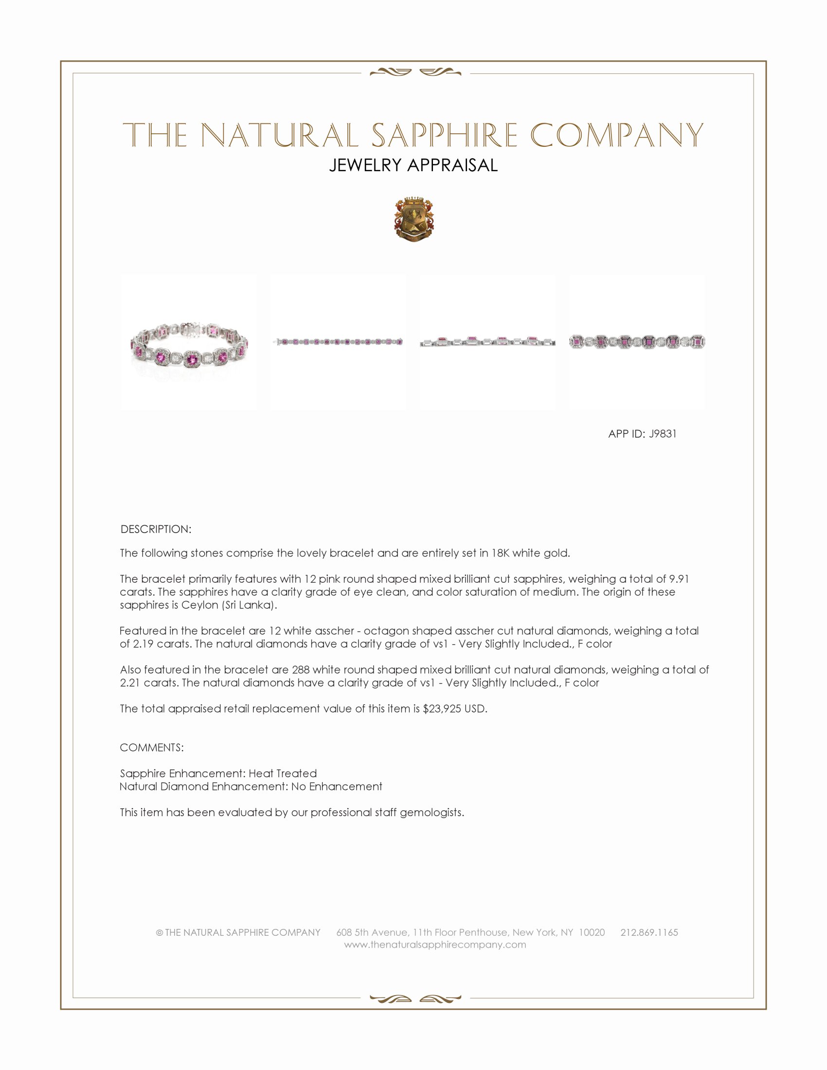 9.91 Ct.Tw. Pink Sapphire and Natural Diamond Pave Bracelet, 18K White Gold