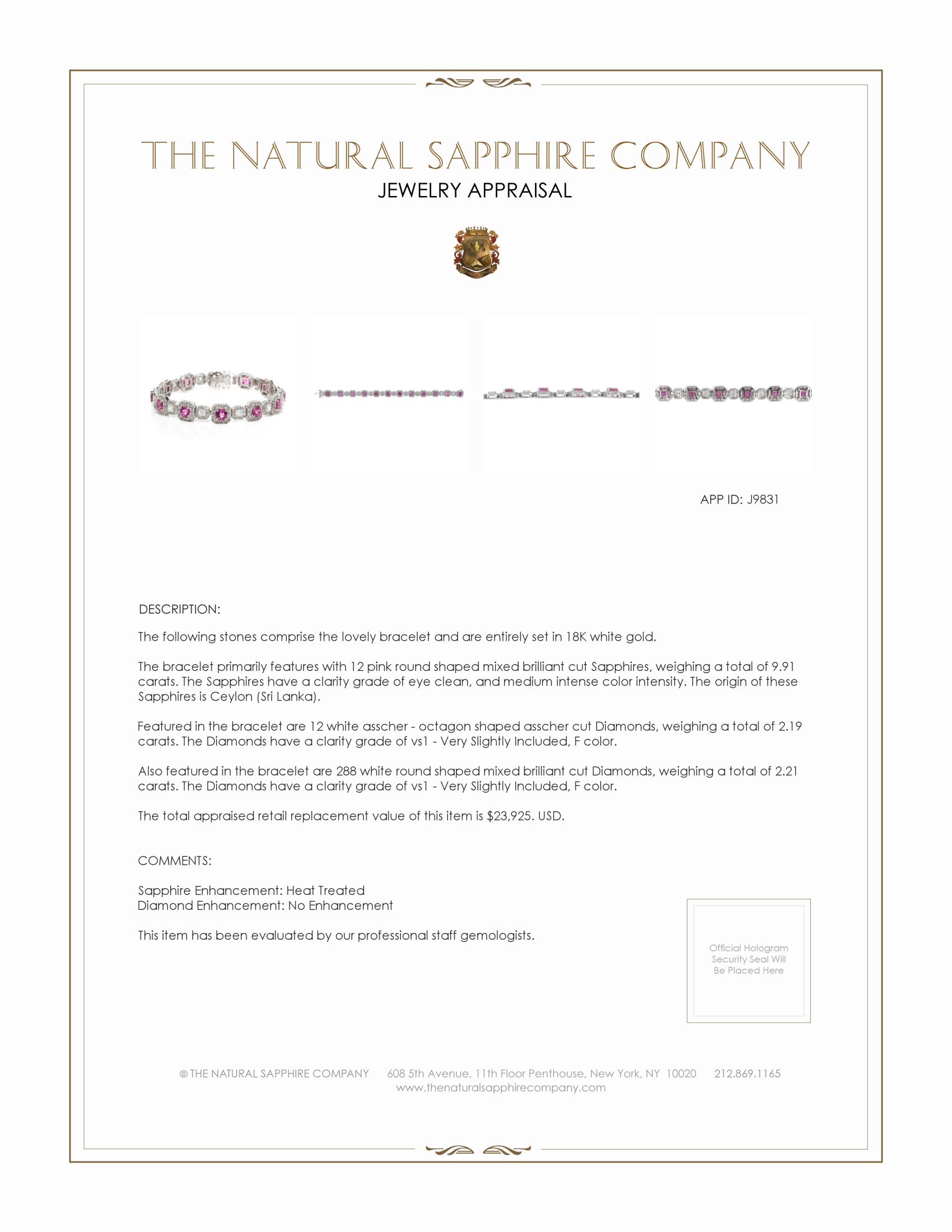 9.91 Ct.Tw. Pink Sapphire and Natural Diamond Pave Bracelet, 18K White Gold