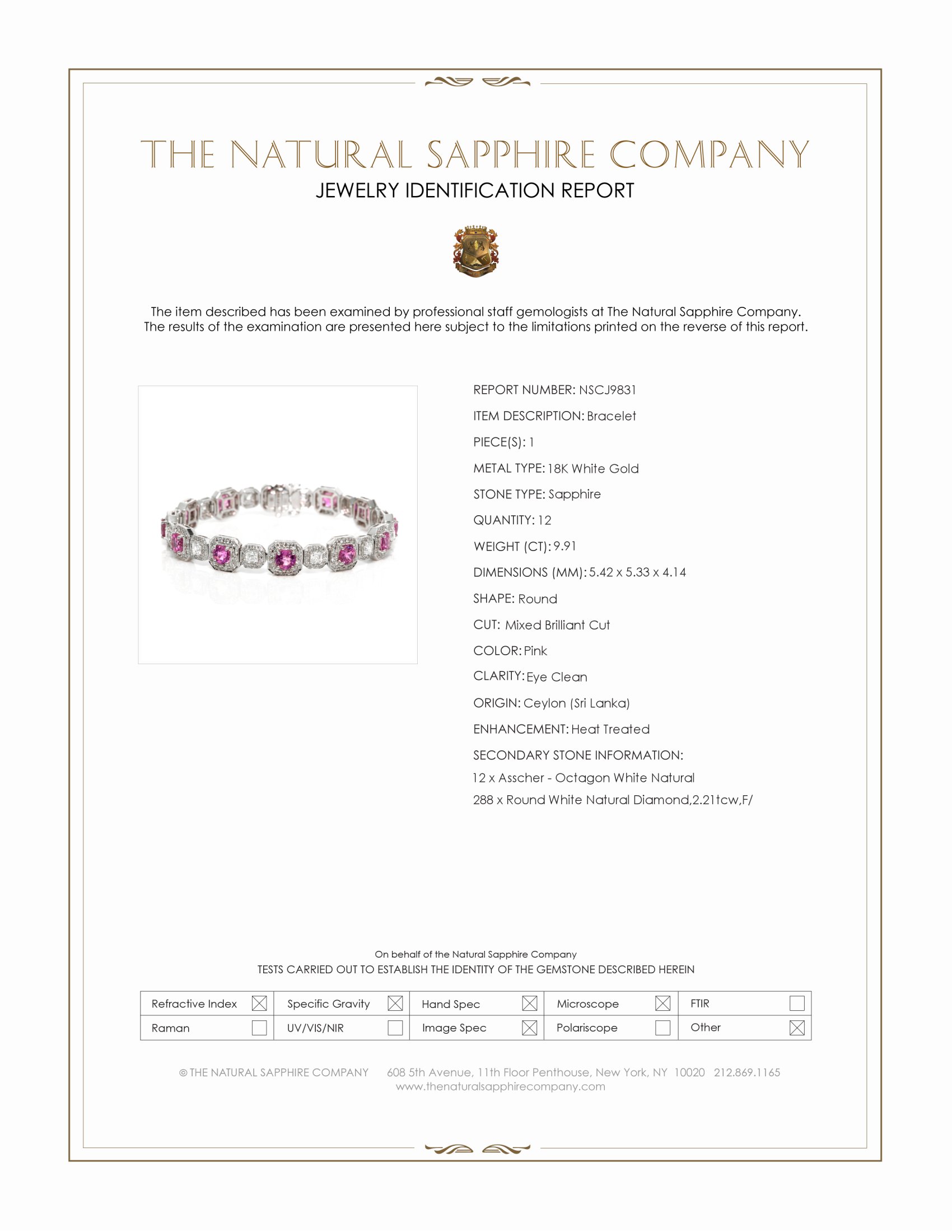 9.91 Ct.Tw. Pink Sapphire and Natural Diamond Pave Bracelet, 18K White Gold