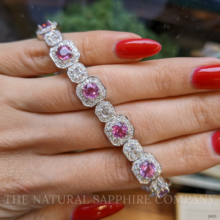 9.91 Ct.Tw. Pink Sapphire and Natural Diamond Pave Bracelet, 18K White Gold