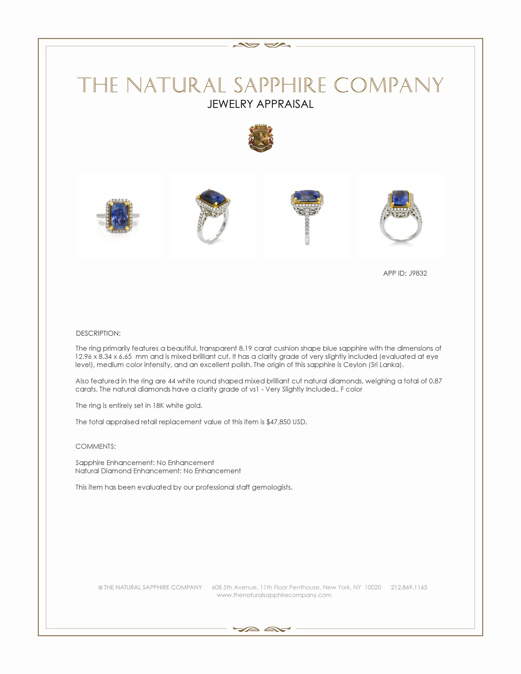 8.19 Ct. Blue Sapphire and Natural Diamond Pave Ring, 18K White Gold