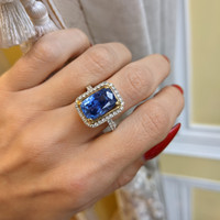 8.19 Ct. Blue Sapphire and Natural Diamond Pave Ring, 18K White Gold Life Style