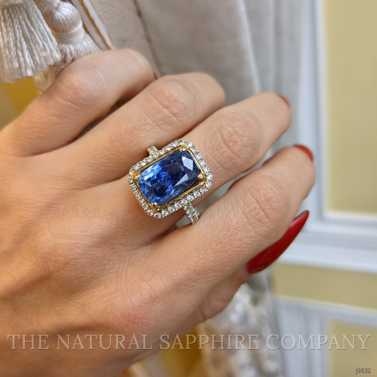8.19 Ct. Blue Sapphire and Natural Diamond Pave Ring, 18K White Gold