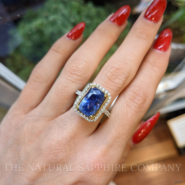 8.19 Ct. Blue Sapphire and Natural Diamond Pave Ring, 18K White Gold