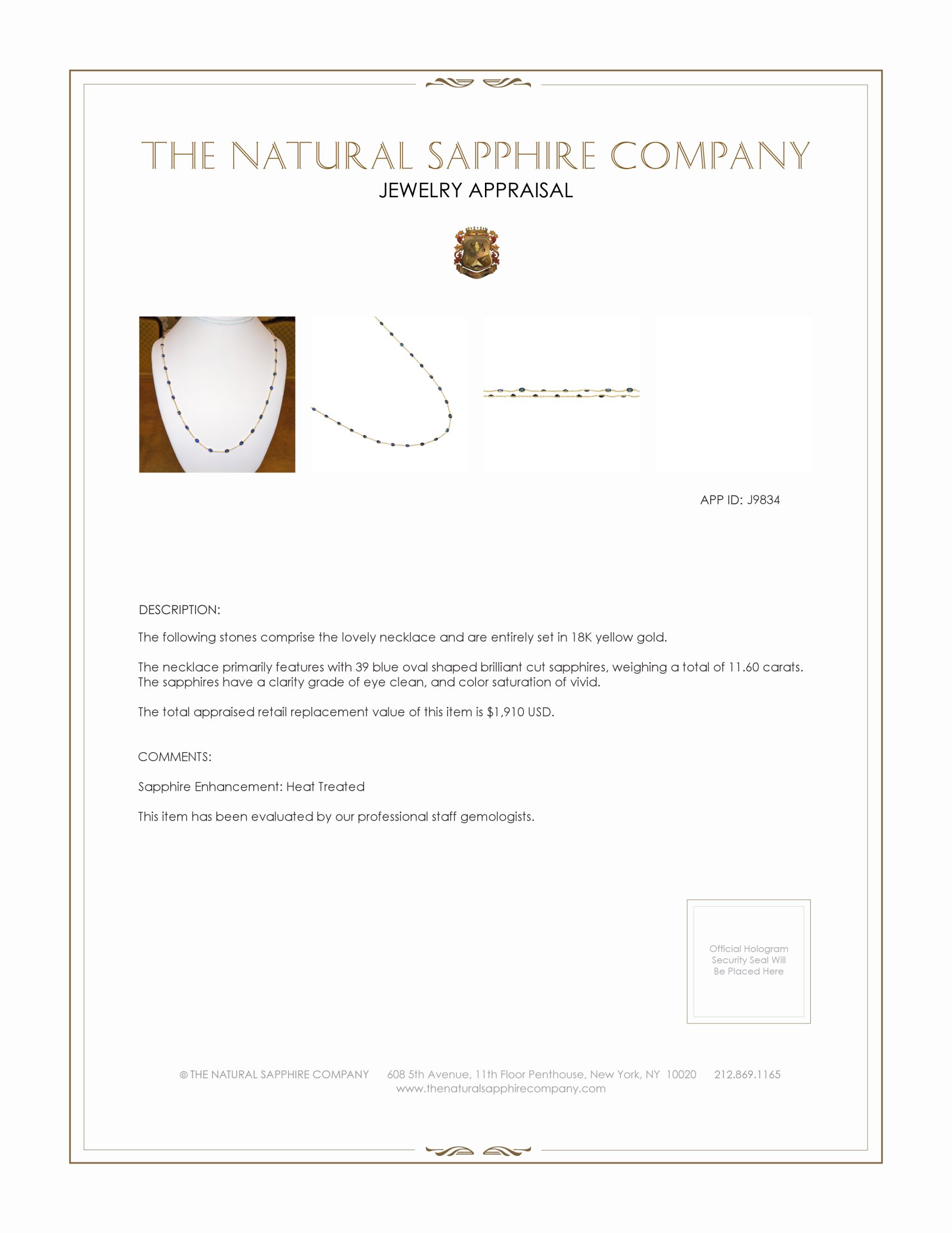 11.60 Ct. Blue Sapphire Bezel Necklace, 18K Yellow Gold