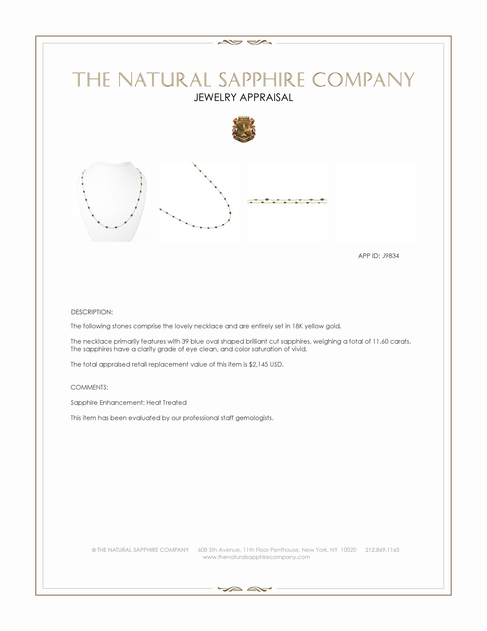 11.60 Ct. Blue Sapphire Bezel Necklace, 18K Yellow Gold