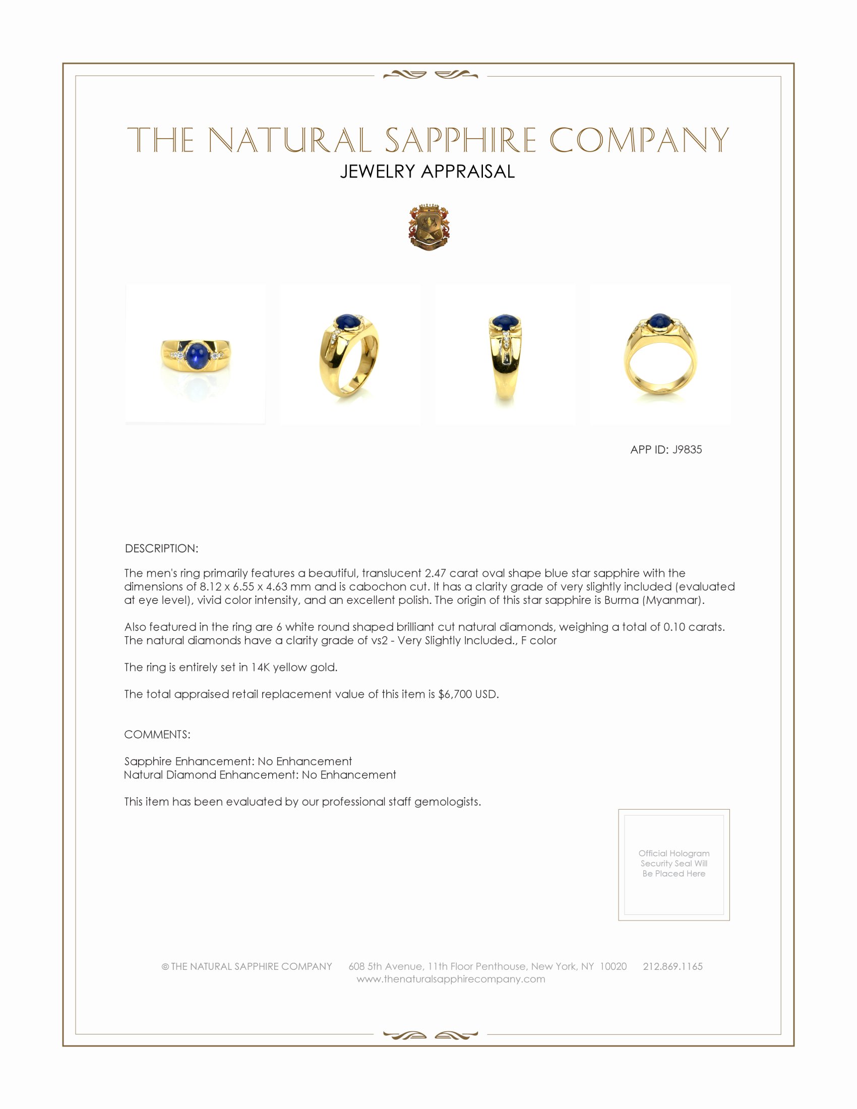 2.47 Ct. Blue Sapphire and Natural Diamond Men's Ring, 14K Yellow Gold