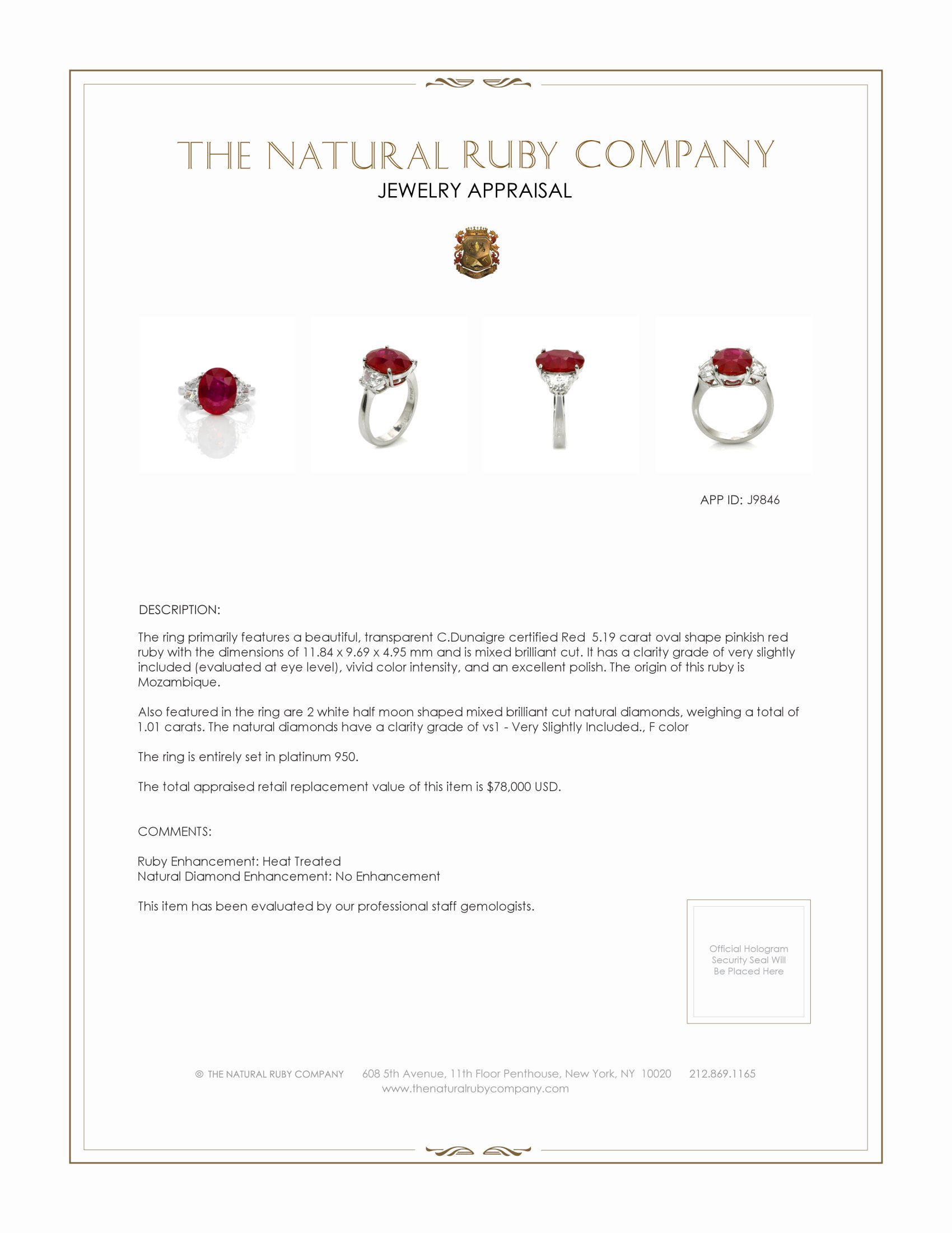 5.19 Ct. Ruby Natural Diamond Three Stone Ring, Platinum 950
