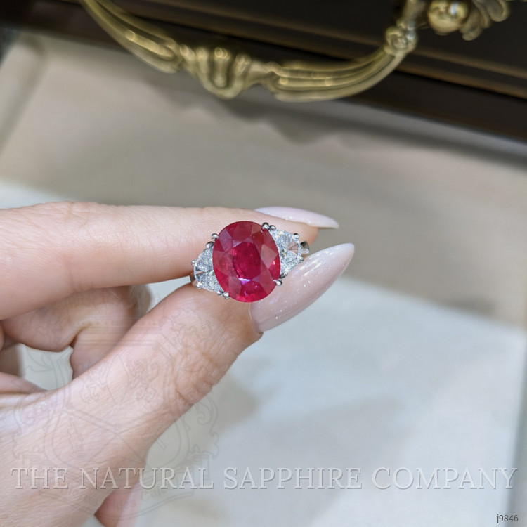 5.19 Ct. Ruby Natural Diamond Three Stone Ring, Platinum 950