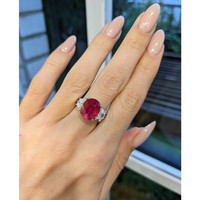 5.19 Ct. Ruby Natural Diamond Three Stone Ring, Platinum 950 Life Style