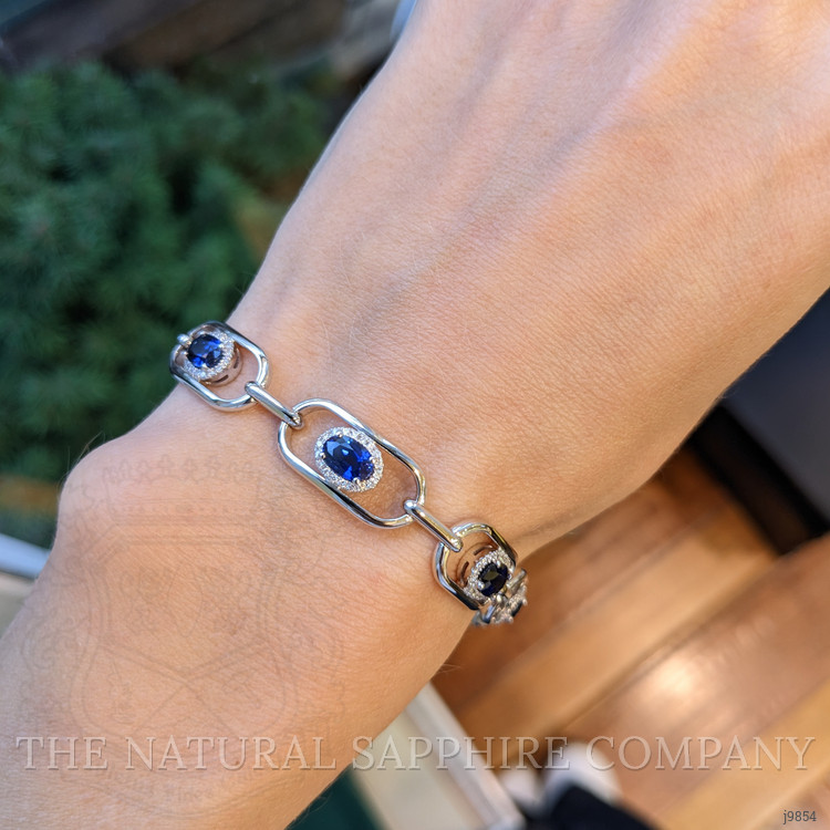 5.08 Ct.Tw. Blue Sapphire and Natural Diamond Pave Bracelet, 18K White Gold