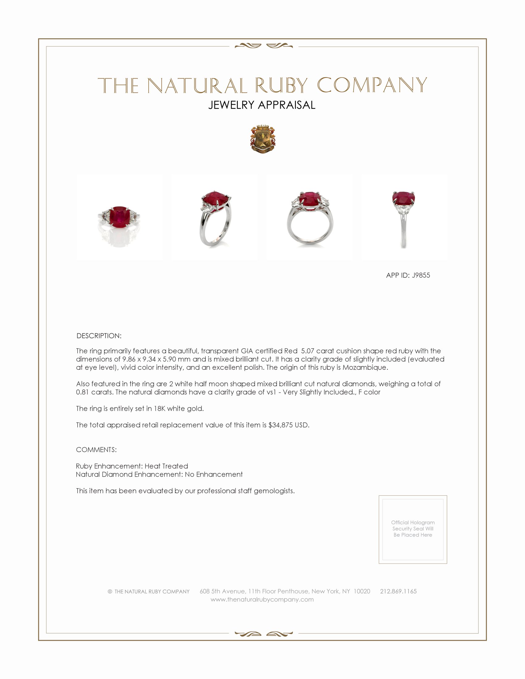 5.07 Ct. Ruby and Natural Diamond Three Stone Ring, 18K White Gold