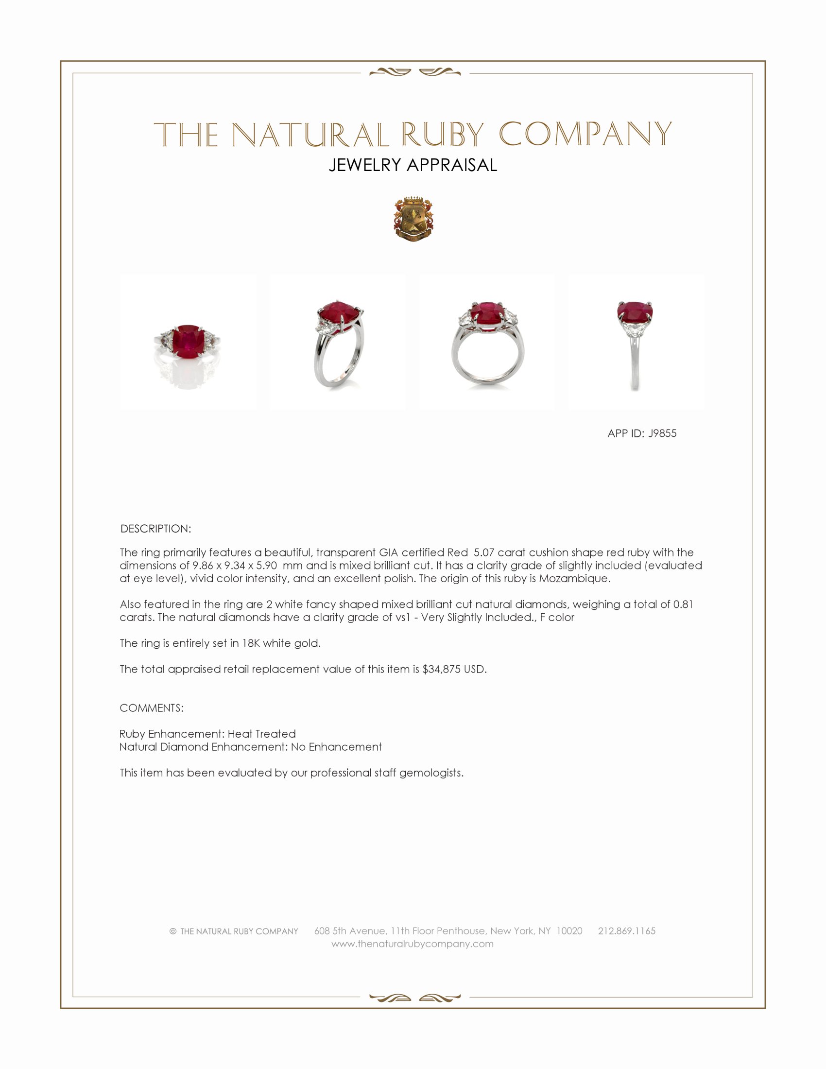 5.07 Ct. Ruby and Natural Diamond Three Stone Ring, 18K White Gold