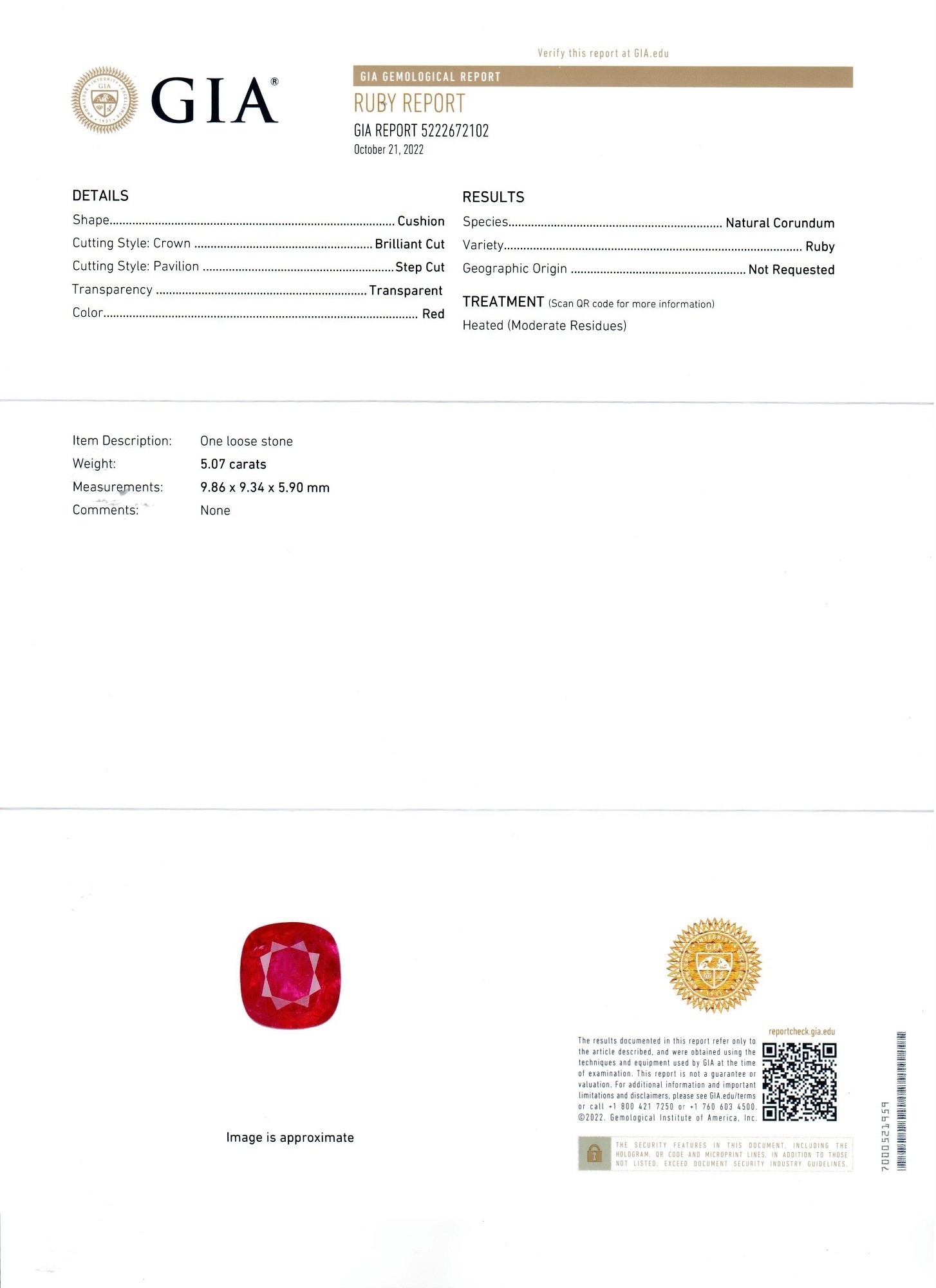 5.07 Ct. Ruby and Natural Diamond Three Stone Ring, 18K White Gold