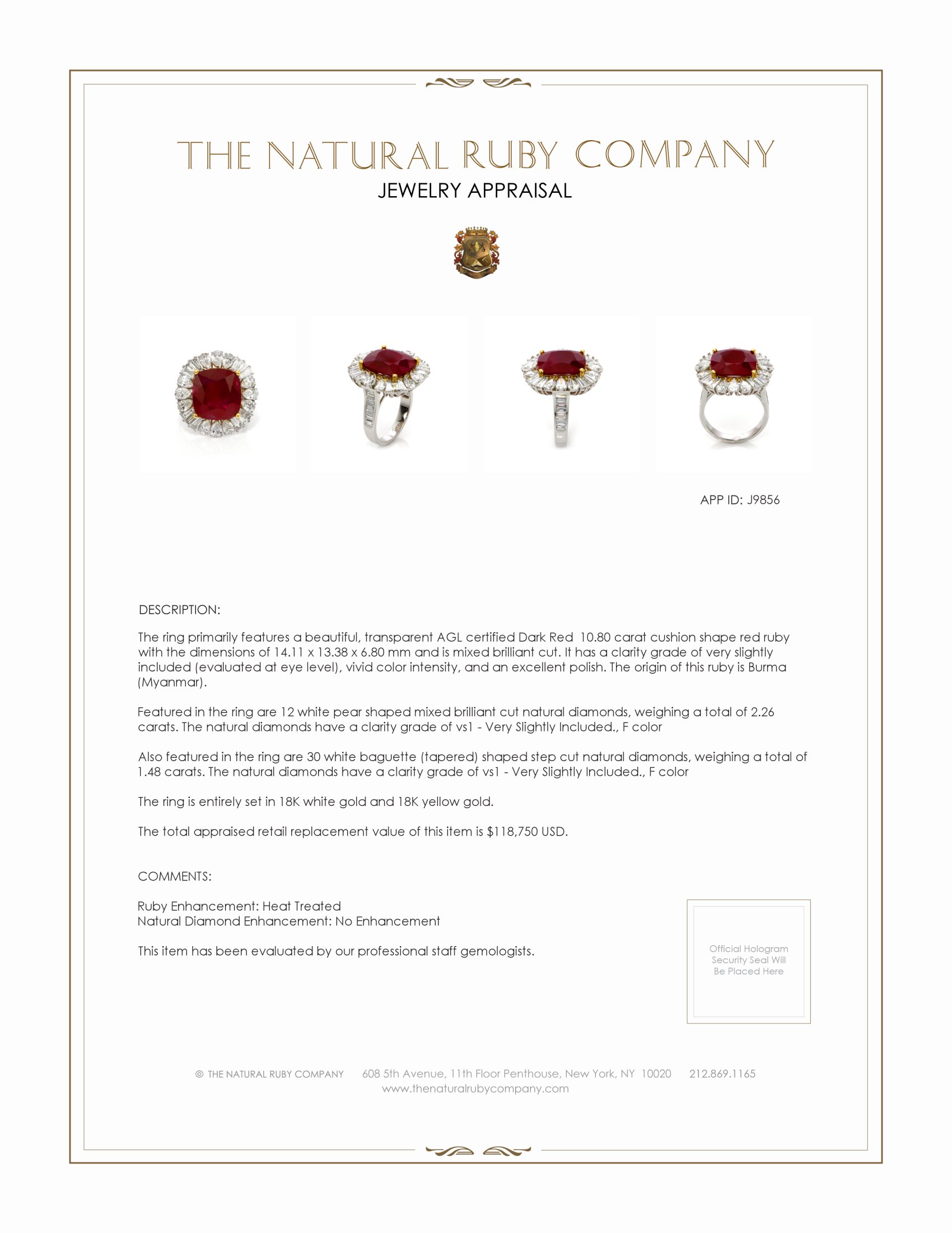 10.80 Ct. Ruby and Natural Diamond Pave Ring, 18K White & Yellow