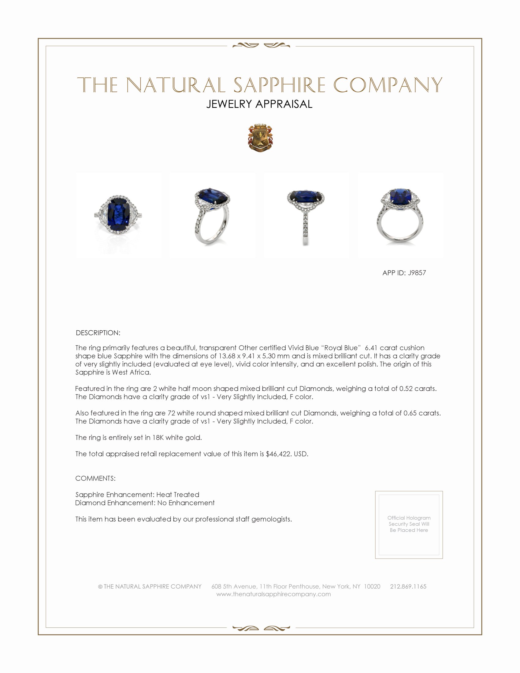 6.41 Ct. Blue Sapphire and Natural Diamond Pave Ring, 18K White Gold
