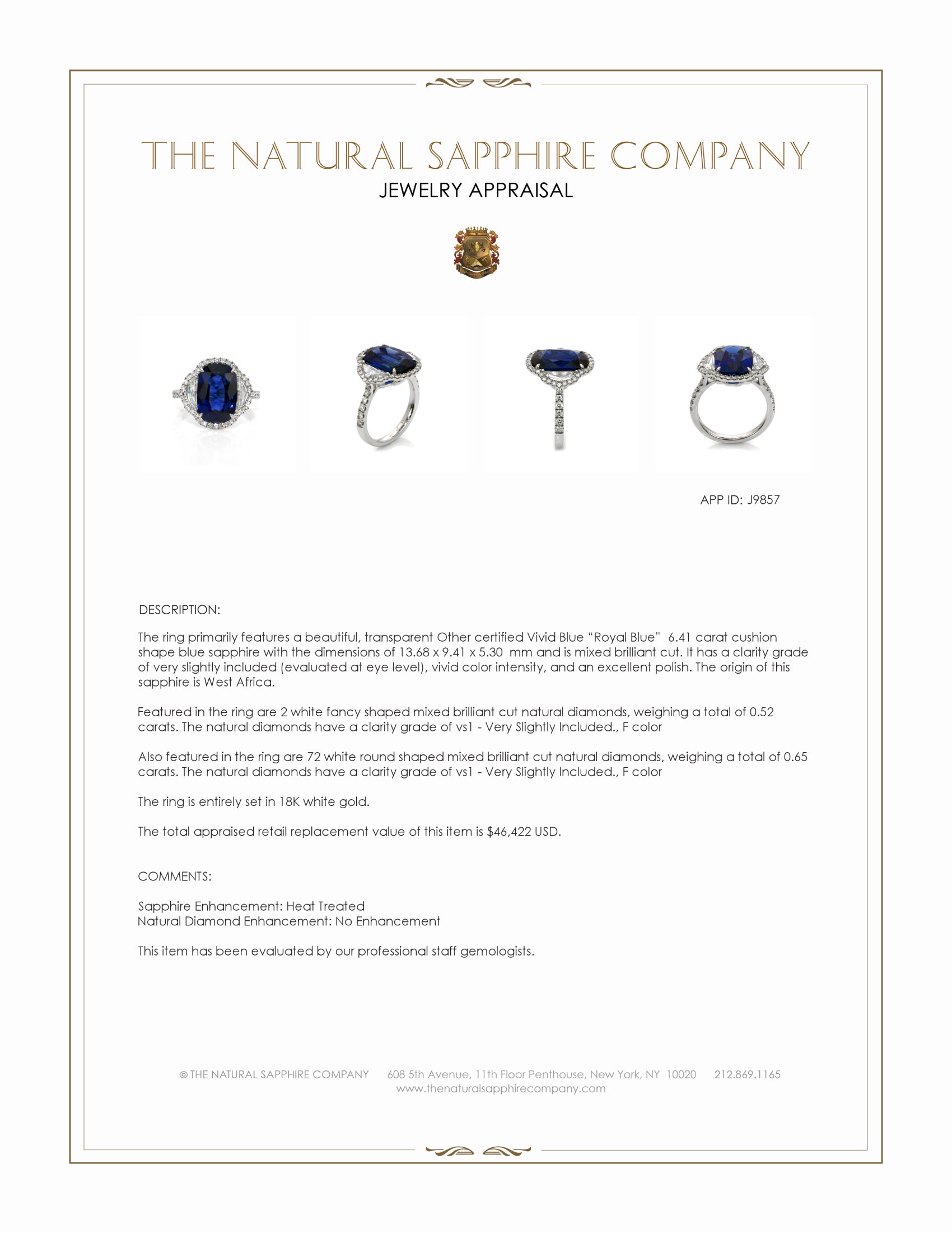 6.41 Ct. Blue Sapphire and Natural Diamond Pave Ring, 18K White Gold