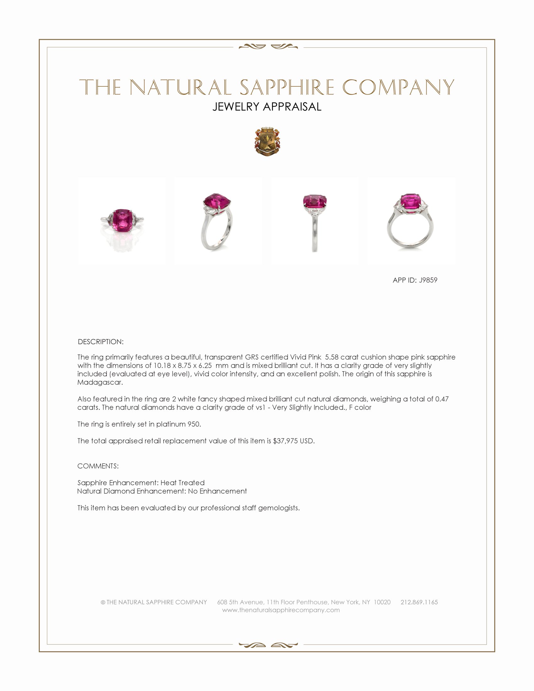 5.58 Ct. Pink Sapphire and Natural Diamond Three Stone Ring, Platinum 950