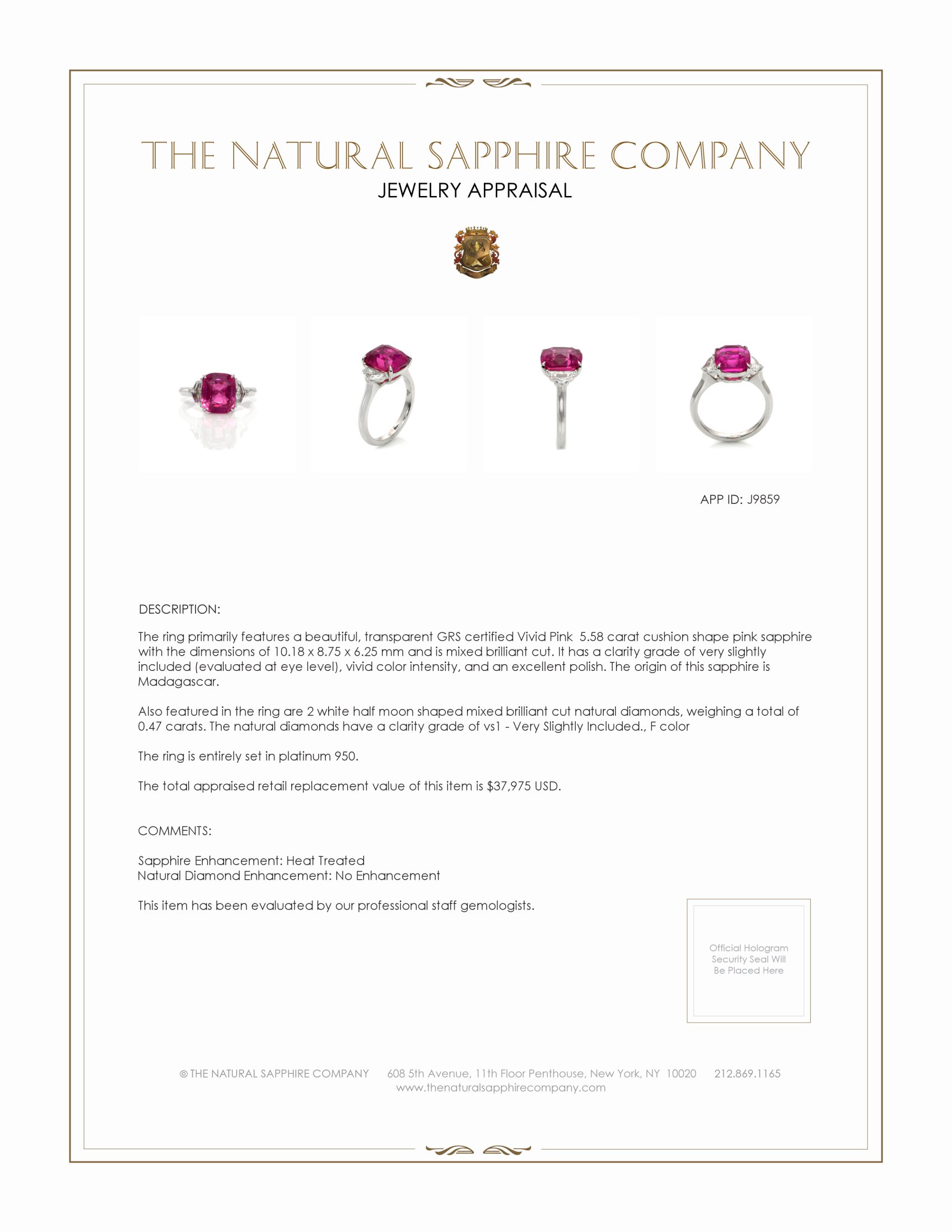 5.58 Ct. Pink Sapphire and Natural Diamond Three Stone Ring, Platinum 950