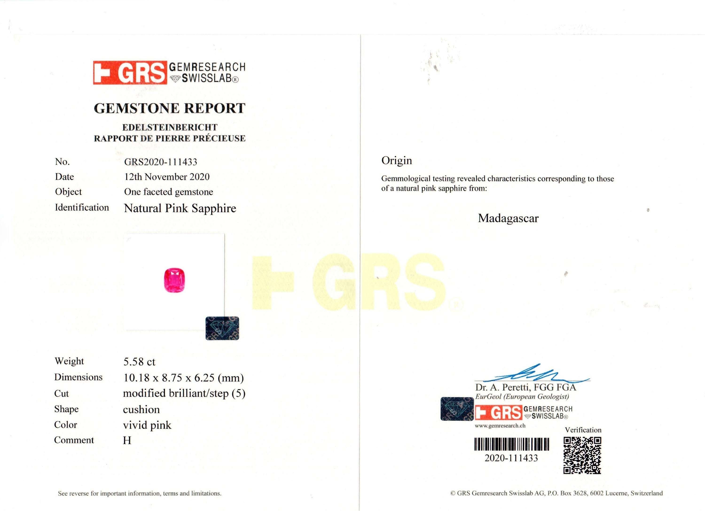 5.58 Ct. Pink Sapphire and Natural Diamond Three Stone Ring, Platinum 950