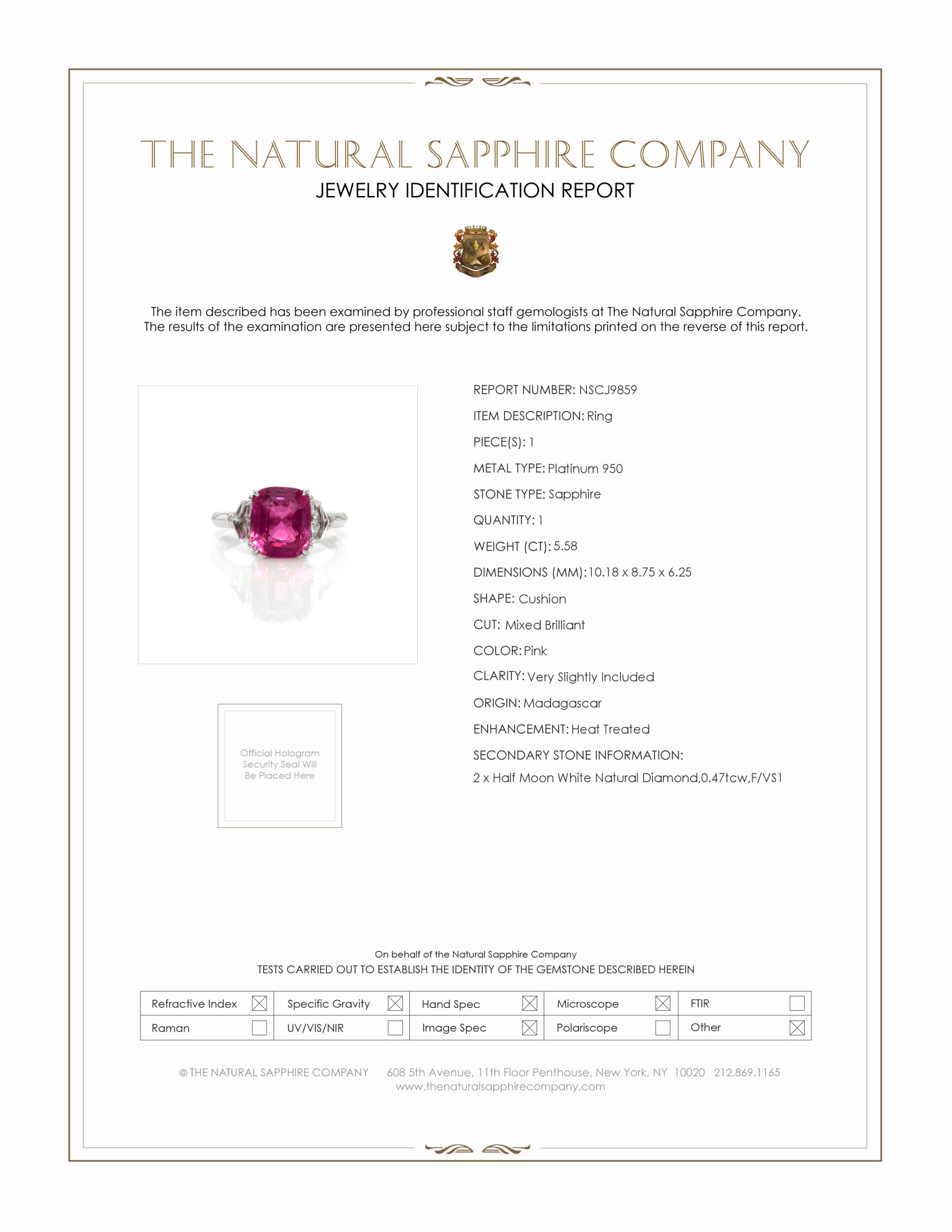 5.58 Ct. Pink Sapphire and Natural Diamond Three Stone Ring, Platinum 950