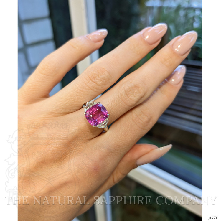 5.58 Ct. Pink Sapphire and Natural Diamond Three Stone Ring, Platinum 950
