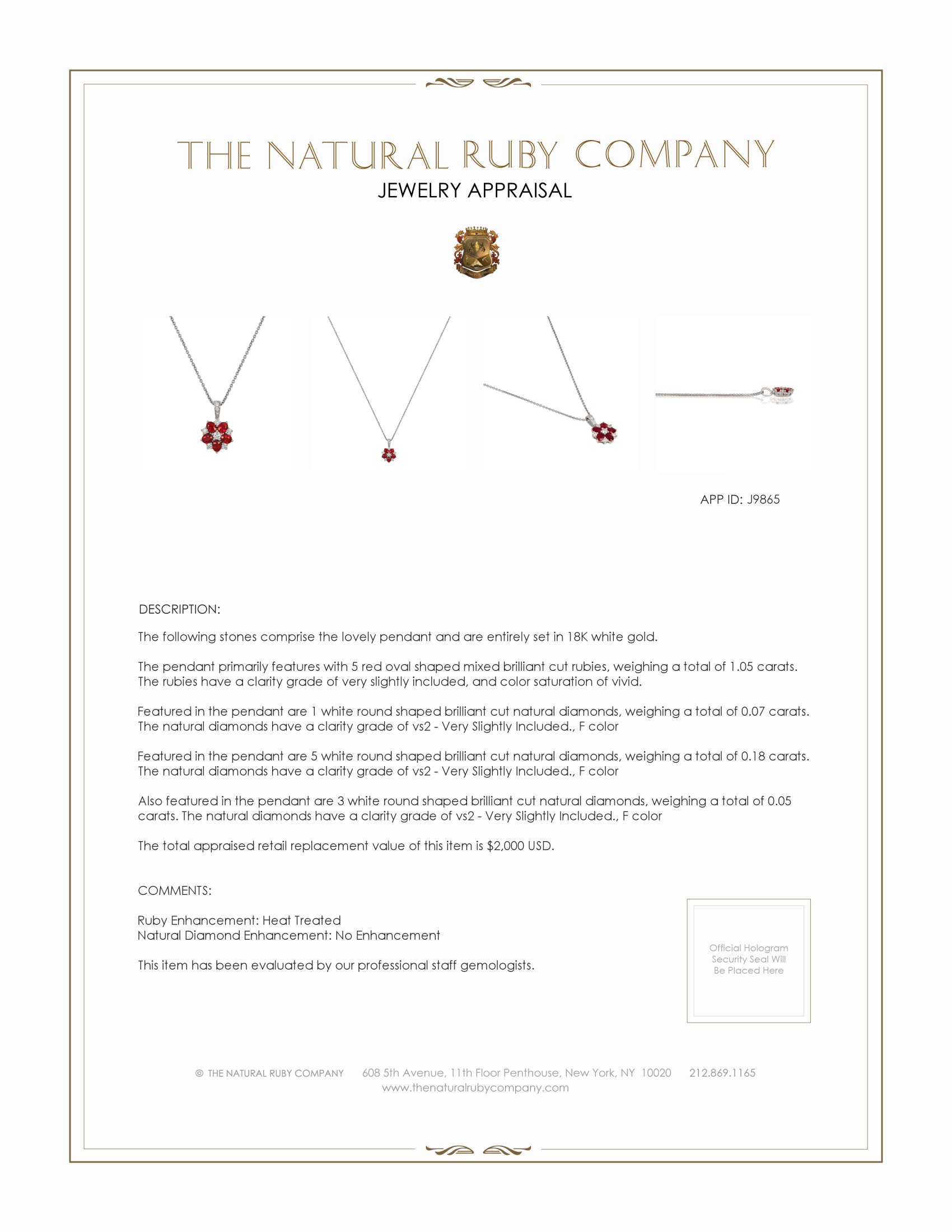 1.05 Ct. Ruby Natural Diamond Pave Pendant, 18K White Gold