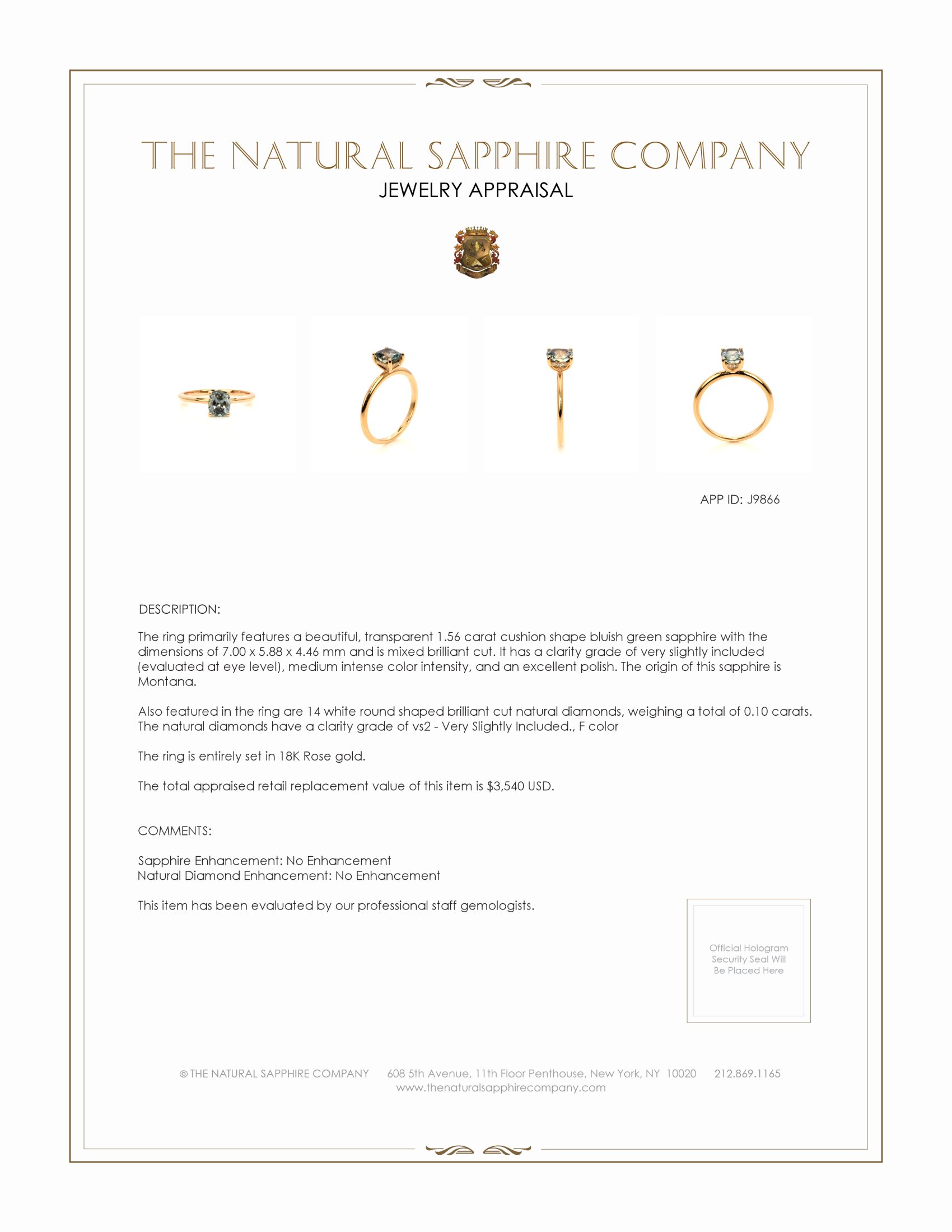 1.56 Ct. Bluish Green Sapphire and Natural Diamond Pave Ring, 18K Rose Gold