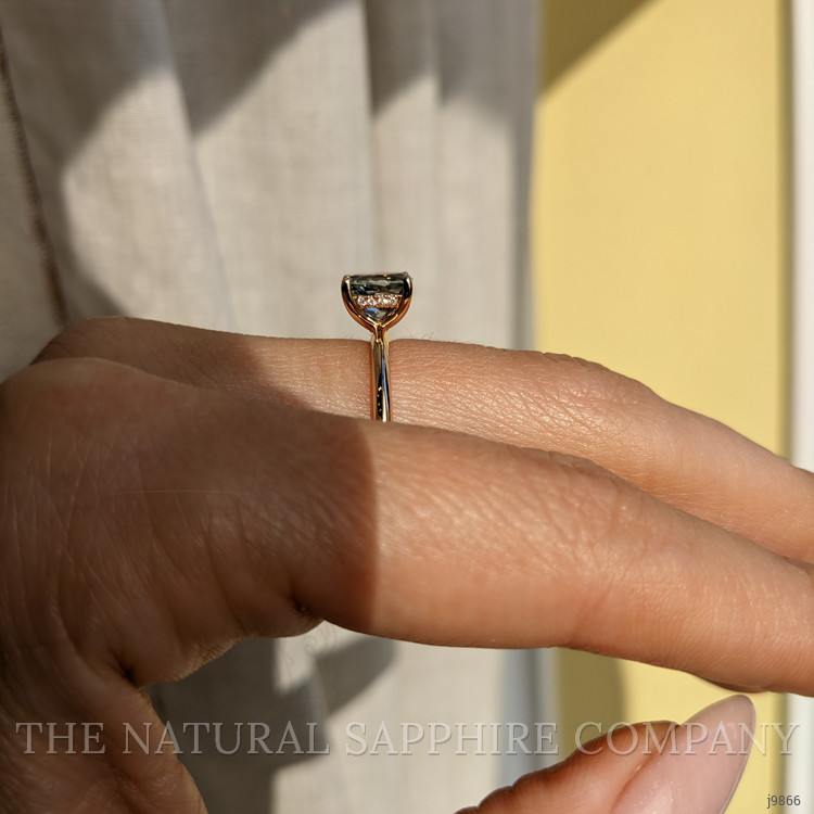 1.56 Ct. Bluish Green Sapphire and Natural Diamond Pave Ring, 18K Rose Gold