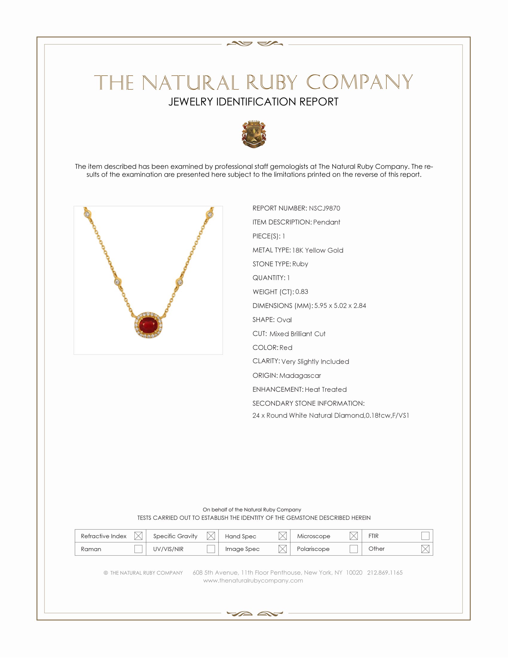 0.83 Ct. Ruby and Natural Diamond Pave Pendant, 18K Yellow Gold