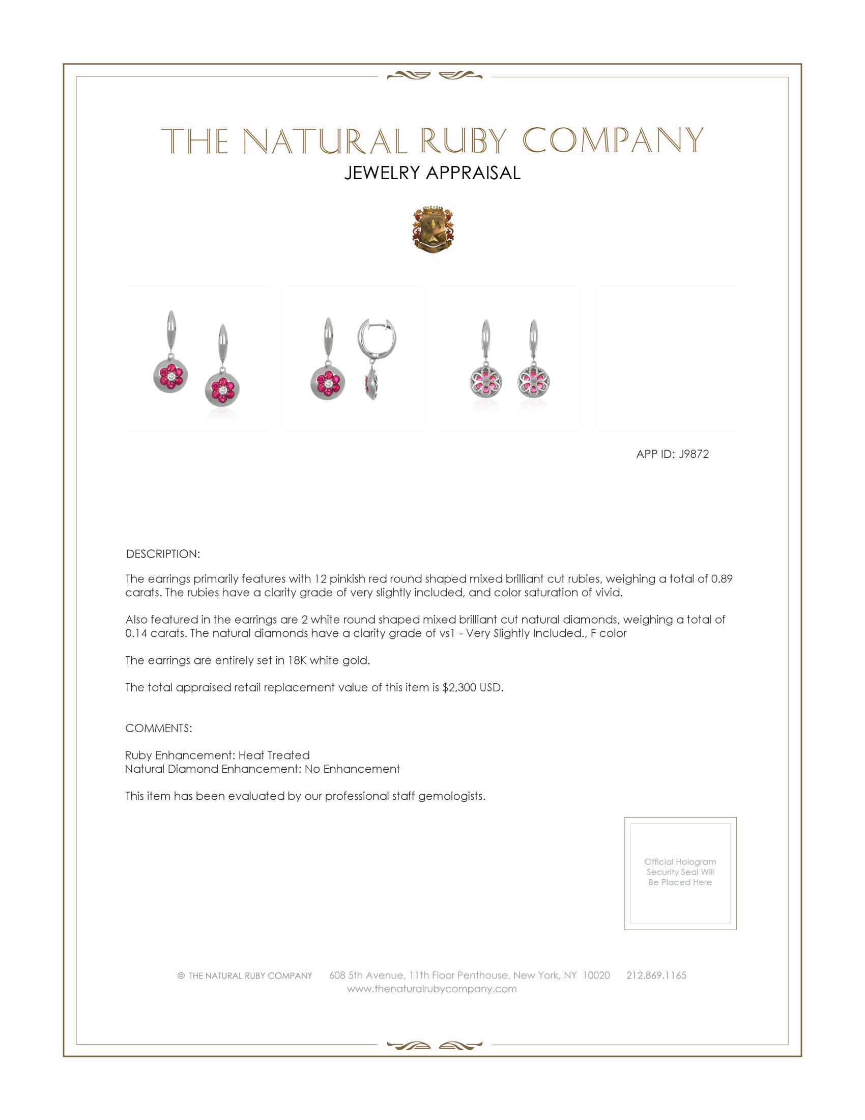 0.89 Ct.Tw. Pinkish Red Ruby and Natural Diamond Pave Earrings, 18K White Gold
